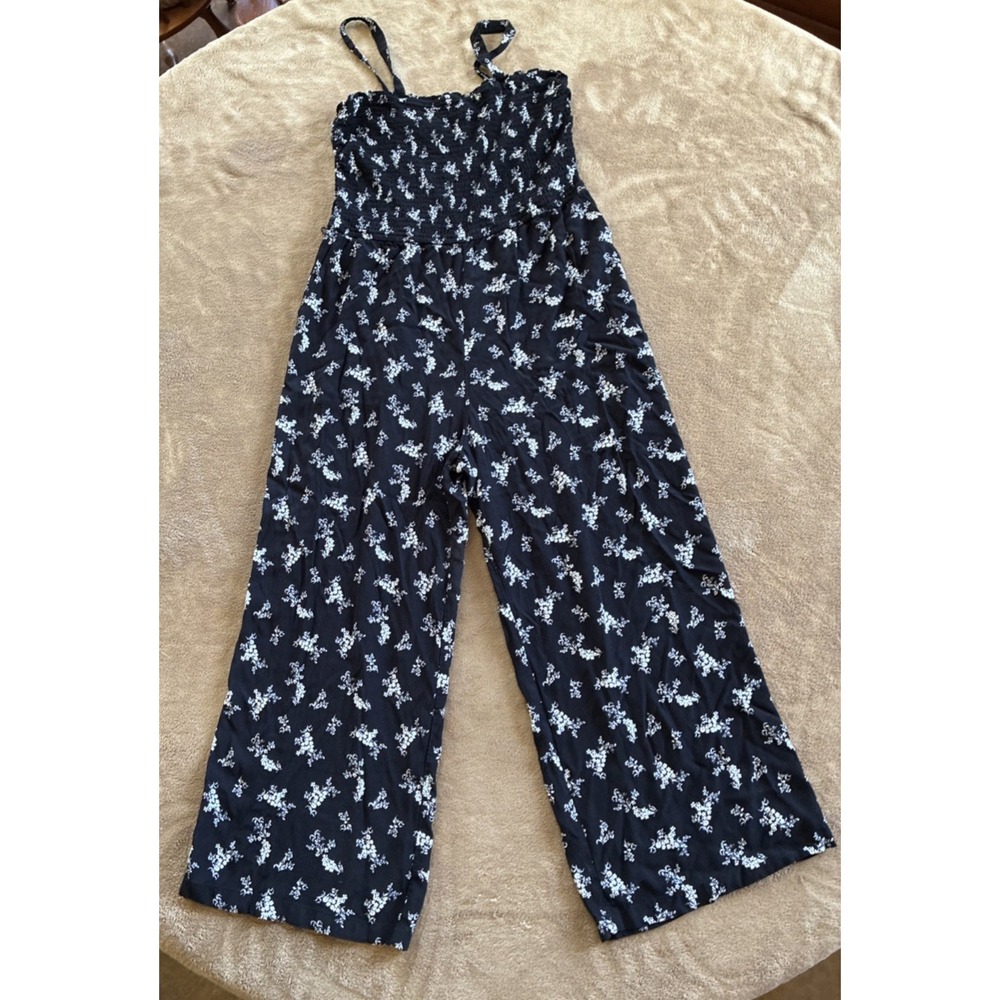 Abercrombie & Finch Women's Jumpsuit XL Black Ditsy Floral Smocked Wide Leg Boho